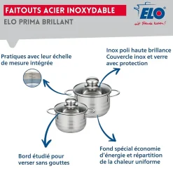 Ensemble de 1 Poêle de cuisson 28 cm et 2 faitouts 14 et 16 cm Elo Prima Brillant