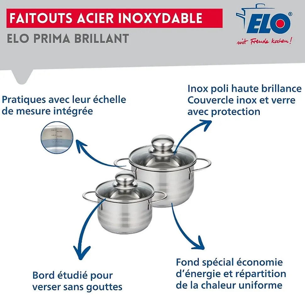Ensemble de 1 Poêle de cuisson 28 cm et 2 faitouts 14 et 16 cm Elo Prima Brillant