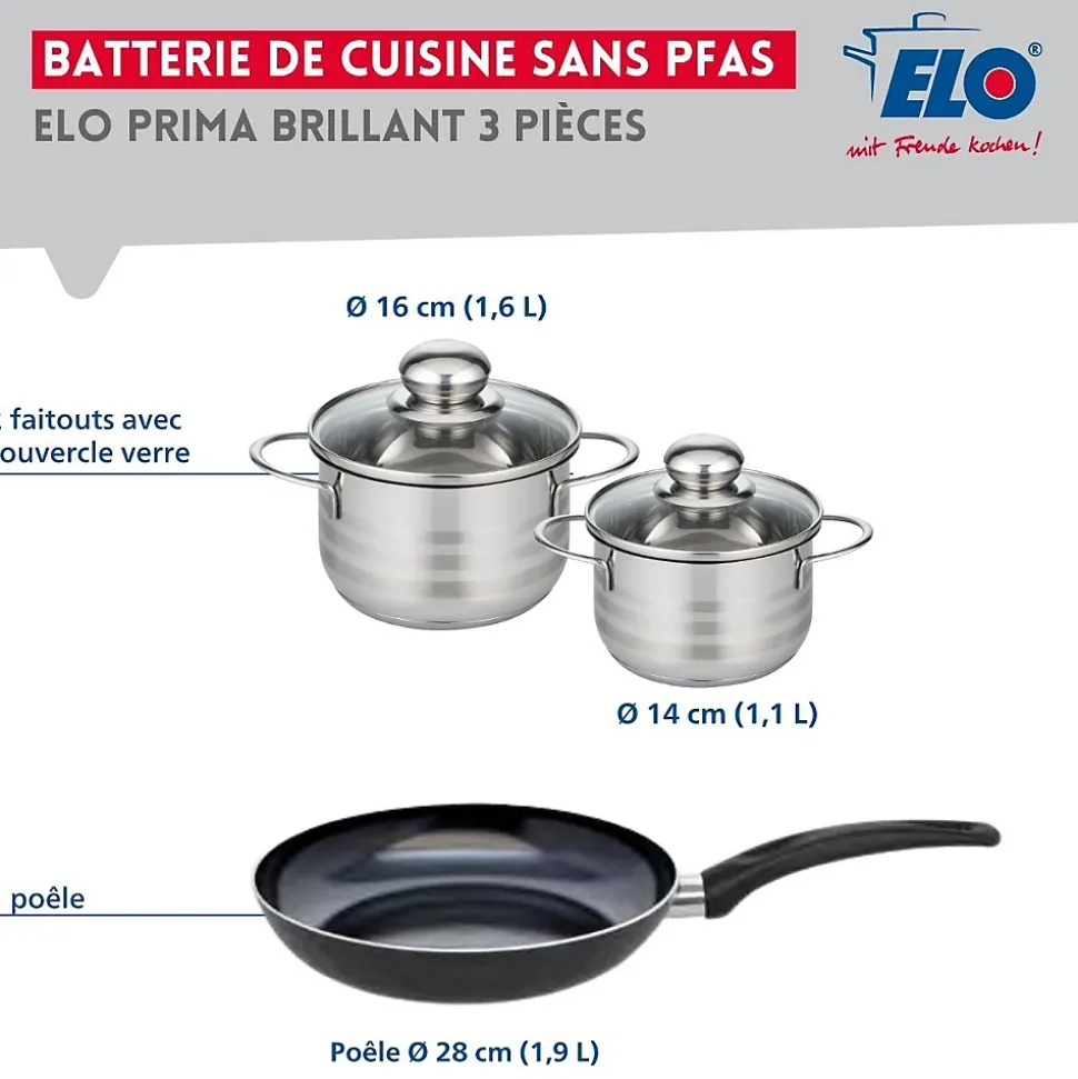 Ensemble de 1 Poêle de cuisson 28 cm et 2 faitouts 14 et 16 cm Elo Prima Brillant