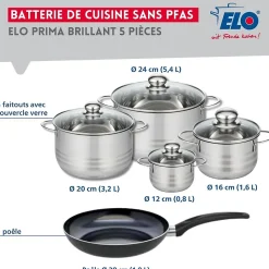 Ensemble de 1 Poêle de cuisson 28 cm et 4 faitouts 12, 16, 20 et 24 cm Elo Prima Brillant