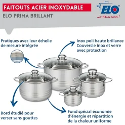 Ensemble de 1 Poêle de cuisson 28 cm et 4 faitouts 12, 16, 20 et 24 cm Elo Prima Brillant