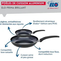 Ensemble de 2 Poêles de cuisson 20 et 32 cm et 3 faitouts 14, 20 et 24 cm Elo Prima Brillant