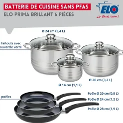 Ensemble de 3 Poêles de cuisson 20, 24 et 28 cm et 3 faitouts 14, 20 et 24 cm Elo Prima Brillant