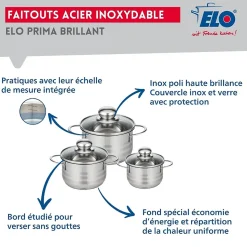 Ensemble de 3 Poêles de cuisson 20, 24 et 28 cm et 3 faitouts 12, 14 et 16 cm Elo Prima Brillant