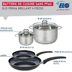 Ensemble de 2 Poêles de cuisson 24 et 32 cm et 2 faitouts 14 et 24 cm Elo Prima Brillant