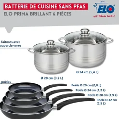 Ensemble de 4 Poêles de cuisson 20, 24, 28 et 32 cm et 2 faitouts 20 et 24 cm Elo Prima Brillant