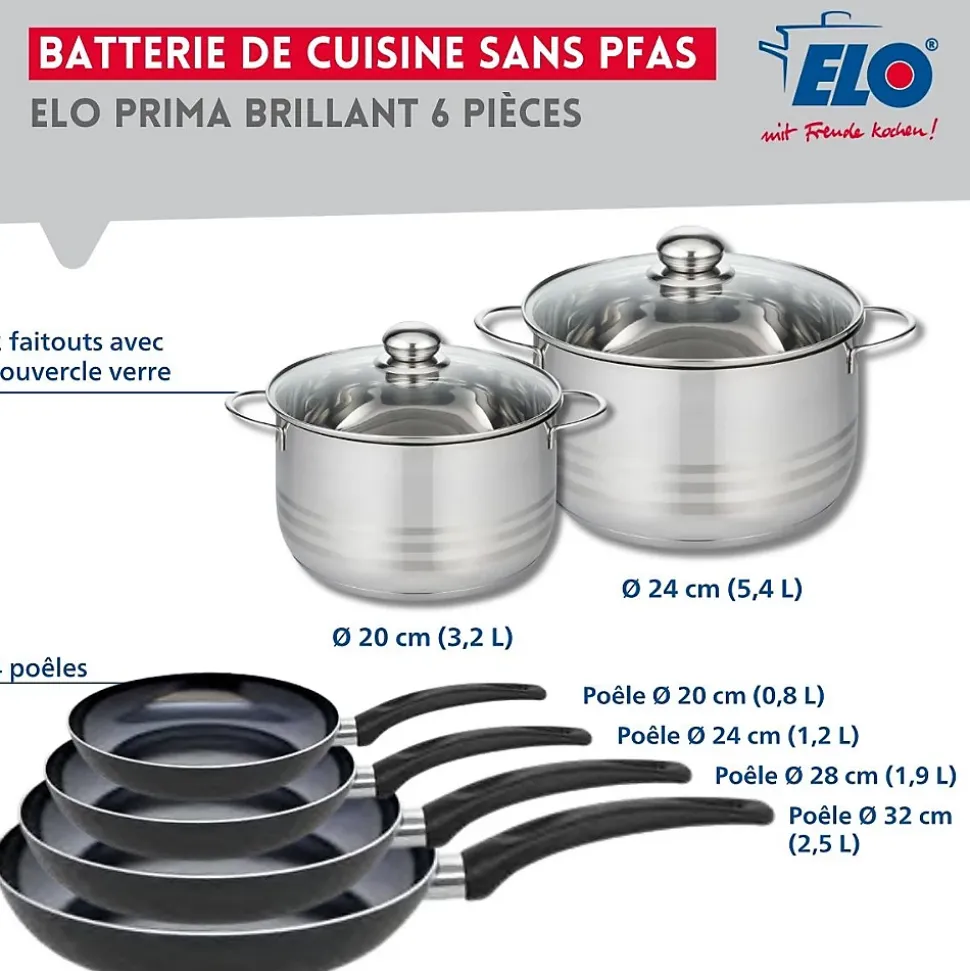 Ensemble de 4 Poêles de cuisson 20, 24, 28 et 32 cm et 2 faitouts 20 et 24 cm Elo Prima Brillant
