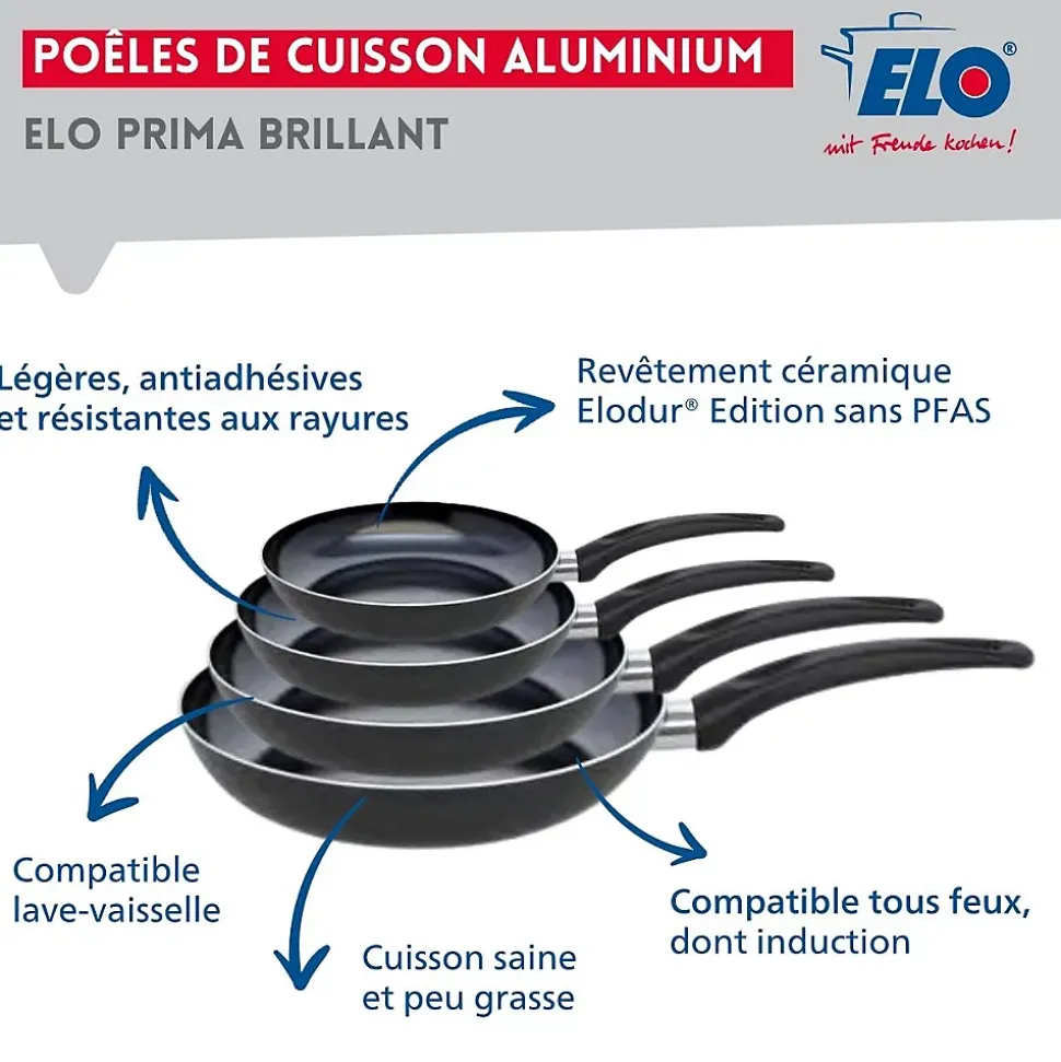 Ensemble de 4 Poêles de cuisson 20, 24, 28 et 32 cm et 2 faitouts 20 et 24 cm Elo Prima Brillant