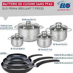 Ensemble de 3 Poêles de cuisson 20, 28 et 32 cm et 4 faitouts 12, 14, 16 et 20 cm Elo Prima Brillant