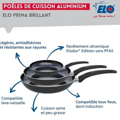 Ensemble de 3 Poêles de cuisson 20, 28 et 32 cm et 4 faitouts 12, 14, 16 et 20 cm Elo Prima Brillant