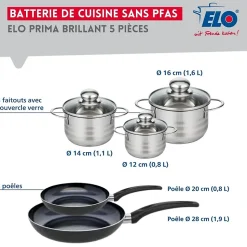 Ensemble de 2 Poêles de cuisson 20 et 28 cm et 3 faitouts 12, 14 et 16 cm Elo Prima Brillant