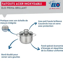 Ensemble de 3 Poêles de cuisson 24, 28 et 32 cm et 1 faitout 16 cm Elo Prima Brillant