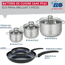 Ensemble de 2 Poêles de cuisson 20 et 32 cm et 3 faitouts 14, 16 et 24 cm Elo Prima Brillant