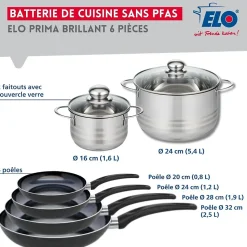 Ensemble de 4 Poêles de cuisson 20, 24, 28 et 32 cm et 2 faitouts 16 et 24 cm Elo Prima Brillant