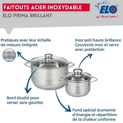 Ensemble de 4 Poêles de cuisson 20, 24, 28 et 32 cm et 2 faitouts 16 et 24 cm Elo Prima Brillant