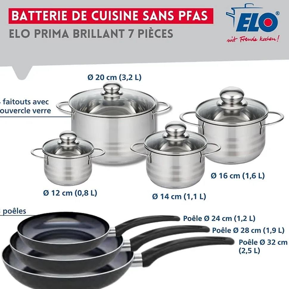 Ensemble de 3 Poêles de cuisson 24, 28 et 32 cm et 4 faitouts 12, 14, 16 et 20 cm Elo Prima Brillant
