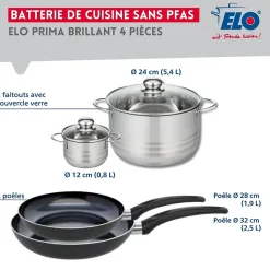 Ensemble de 2 Poêles de cuisson 28 et 32 cm et 2 faitouts 12 et 24 cm Elo Prima Brillant