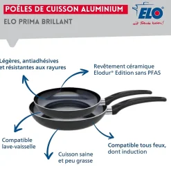Ensemble de 2 Poêles de cuisson 28 et 32 cm et 2 faitouts 12 et 24 cm Elo Prima Brillant