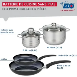Ensemble de 2 Poêles de cuisson 24 et 32 cm et 2 faitouts 16 et 20 cm Elo Prima Brillant