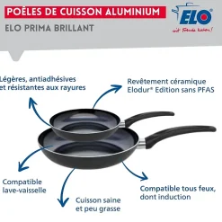 Ensemble de 2 Poêles de cuisson 24 et 32 cm et 2 faitouts 16 et 20 cm Elo Prima Brillant