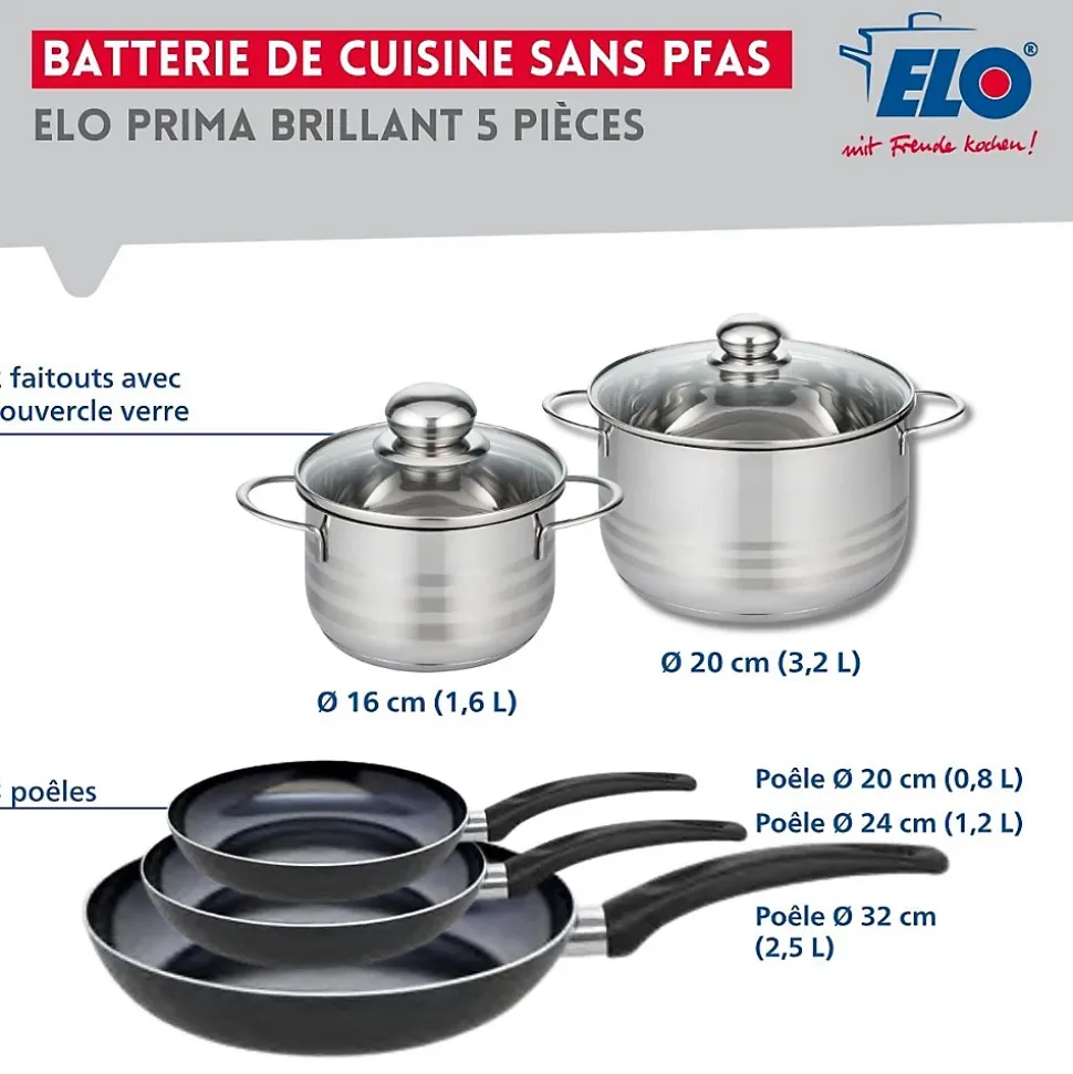 Ensemble de 3 Poêles de cuisson 20, 24 et 32 cm et 2 faitouts 16 et 20 cm Elo Prima Brillant