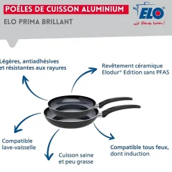 Ensemble de 2 Poêles de cuisson 20 et 24 cm et 3 faitouts 12, 14 et 20 cm Elo Prima Brillant