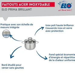 Ensemble de 3 Poêles de cuisson 24, 28 et 32 cm et 1 faitout 12 cm Elo Prima Brillant