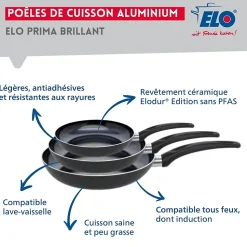 Ensemble de 3 Poêles de cuisson 24, 28 et 32 cm et 1 faitout 12 cm Elo Prima Brillant
