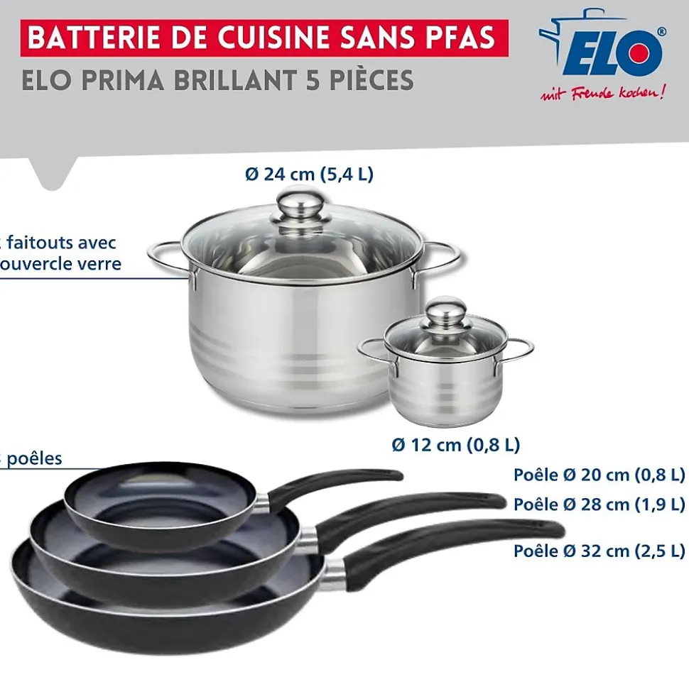 Ensemble de 3 Poêles de cuisson 20, 28 et 32 cm et 2 faitouts 12 et 24 cm Elo Prima Brillant