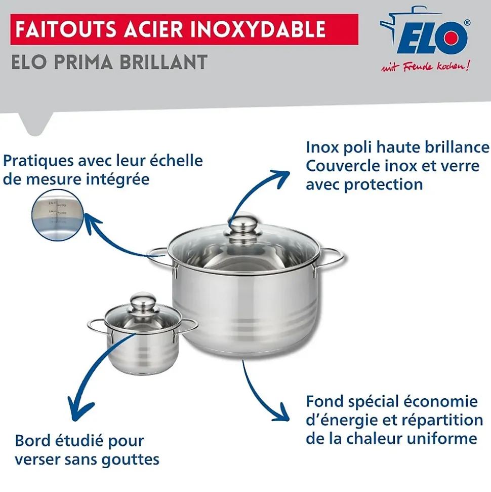 Ensemble de 3 Poêles de cuisson 20, 28 et 32 cm et 2 faitouts 12 et 24 cm Elo Prima Brillant
