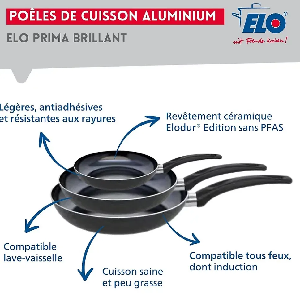 Ensemble de 3 Poêles de cuisson 20, 28 et 32 cm et 2 faitouts 12 et 24 cm Elo Prima Brillant