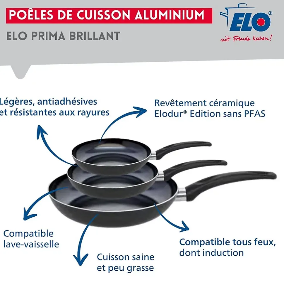 Ensemble de 3 Poêles de cuisson 20, 24 et 32 cm et 2 faitouts 12 et 20 cm Elo Prima Brillant