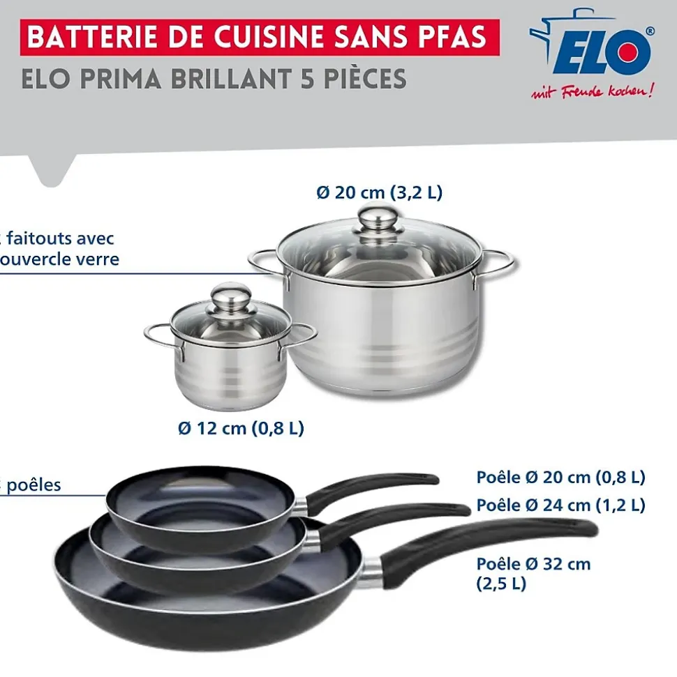 Ensemble de 3 Poêles de cuisson 20, 24 et 32 cm et 2 faitouts 12 et 20 cm Elo Prima Brillant