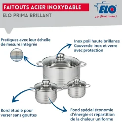 Ensemble de 4 Poêles de cuisson 20, 24, 28 et 32 cm et 3 faitouts 12, 14 et 24 cm Elo Prima Brillant