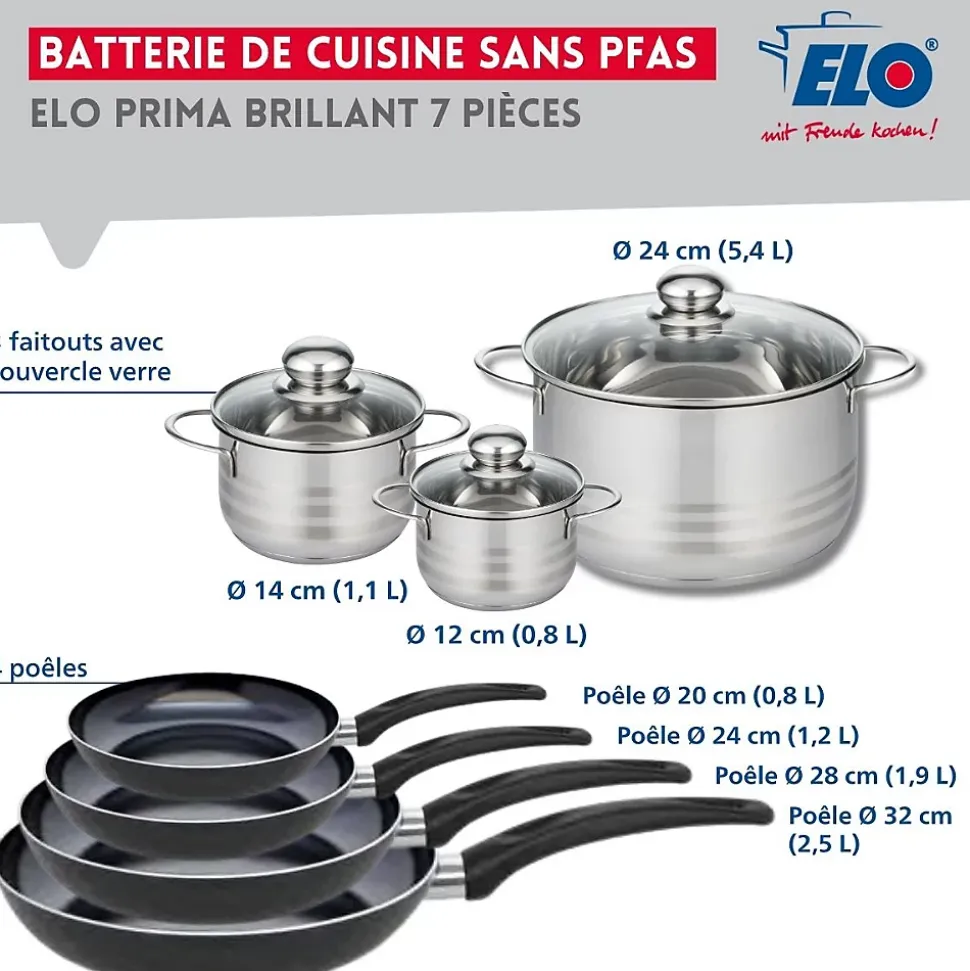 Ensemble de 4 Poêles de cuisson 20, 24, 28 et 32 cm et 3 faitouts 12, 14 et 24 cm Elo Prima Brillant