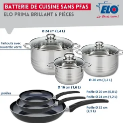 Ensemble de 3 Poêles de cuisson 20, 24 et 32 cm et 3 faitouts 16, 20 et 24 cm Elo Prima Brillant