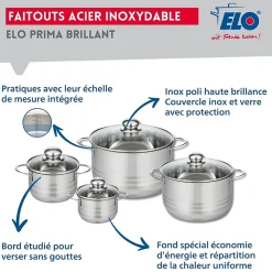 Ensemble de 2 Poêles de cuisson 24 et 28 cm et 4 faitouts 12, 14, 20 et 24 cm Elo Prima Brillant