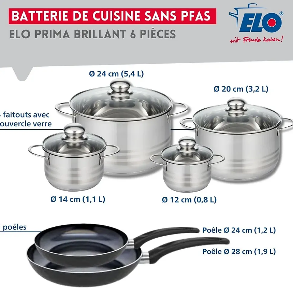 Ensemble de 2 Poêles de cuisson 24 et 28 cm et 4 faitouts 12, 14, 20 et 24 cm Elo Prima Brillant