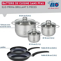 Ensemble de 2 Poêles de cuisson 20 et 28 cm et 3 faitouts 14, 16 et 24 cm Elo Prima Brillant