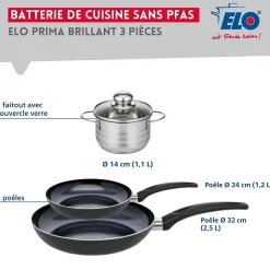 Ensemble de 2 Poêles de cuisson 24 et 32 cm et 1 faitout 14 cm Elo Prima Brillant