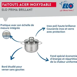 Ensemble de 2 Poêles de cuisson 24 et 32 cm et 1 faitout 14 cm Elo Prima Brillant