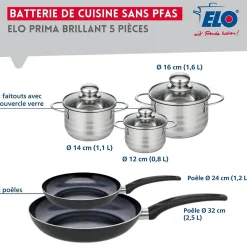 Ensemble de 2 Poêles de cuisson 24 et 32 cm et 3 faitouts 12, 14 et 16 cm Elo Prima Brillant