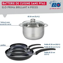 Ensemble de 3 Poêles de cuisson 20, 24 et 32 cm et 1 faitout 24 cm Elo Prima Brillant