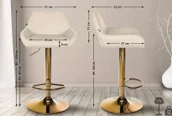 Ensemble de 2 tabourets de bar Braga en simili cuir, structure dorée, réglable en hauteur, pivotant 360, repose-pieds Crème