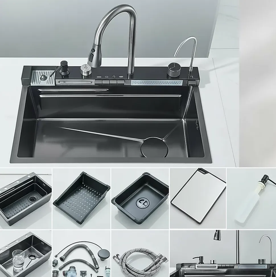 Ensemble Evier Cuisine en Inox et Mitigeur Douchette Flexible inclus
