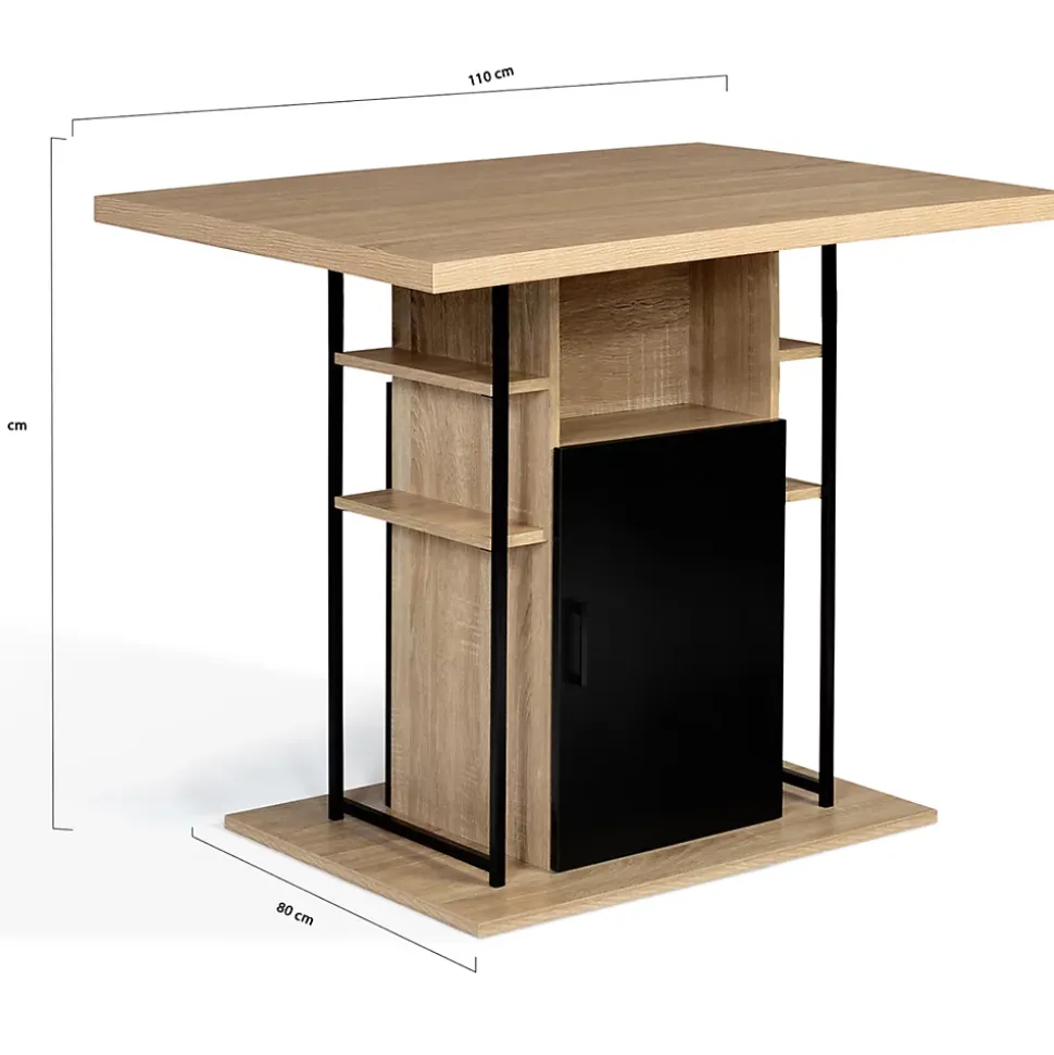 Ensemble ilot central 110 cm bois noir et imitation hêtre et 4 tabourets design industriel