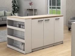 Ensemble îlot central de cuisine + 2 tabourets - Blanc et Naturel clair - NUSICE