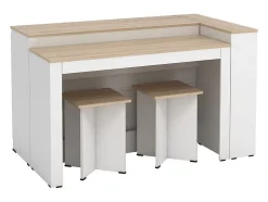 Ensemble îlot central de cuisine + 2 tabourets - Blanc et Naturel clair - NUSICE