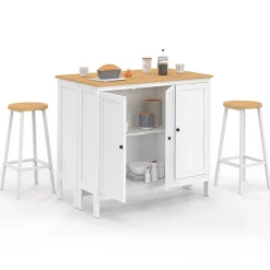 Ensemble table de bar îlot Achille et 2 tabourets bois blanc plateau façon hêtre