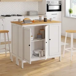 Ensemble table de bar îlot Achille et 2 tabourets bois blanc plateau façon hêtre